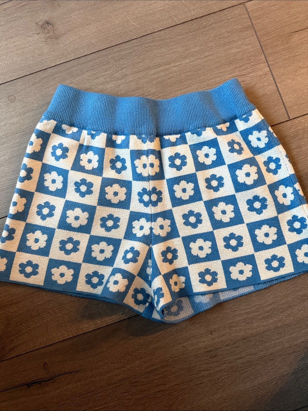 Peppermayo Blue and Light Blue Checker Floral Knit Shorts